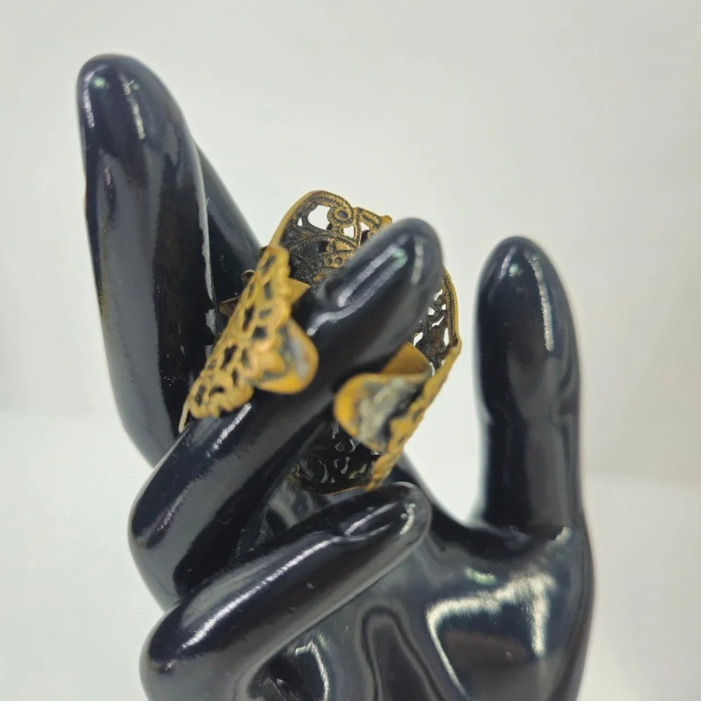 Vintage Style Filigree Adjustable Ring‎ Green Glass Cabochon Antique Brass Tone